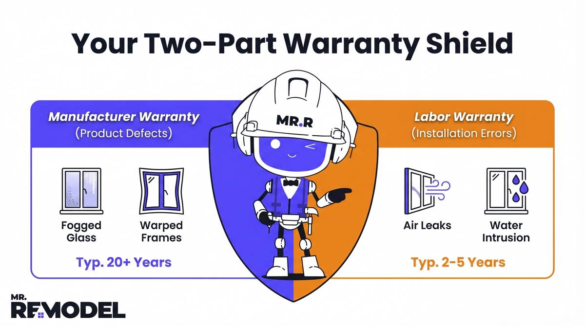 A split-shield infographic comparing window warranties: the blue half shows longer manufacturer coverage for product defects, while the orange half shows shorter contractor coverage for installation errors like leaks.